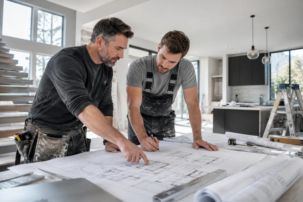 Profesionales de una empresa de reformas revisando planos en una vivienda